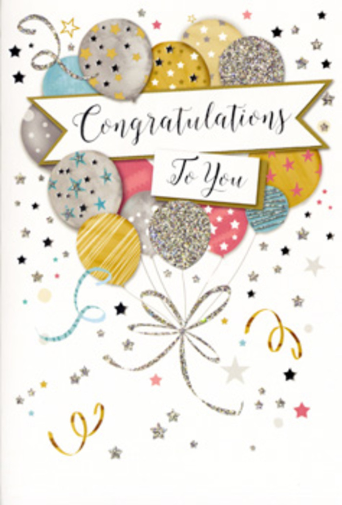In this image, a chic congratulations card is presented like a centrepiece, evoking the feeling of a private celebration somewhere around Old Oak Common. The artwork focuses on a generous cluster of balloons, gathered together in a shape that flares slightly as it rises, echoing the natural spread of a hand-tied bouquet. Each balloon appears plush and air-filled, rendered in complementary shades of soft gold, muted silver, champagne, sky blue, blush pink, and cool grey. Detailed patterns of stripes, tiny stars, and subtle speckles ripple across their surfaces, giving the illusion of gentle metallic sparkle without overwhelming the design. The balloons look lightly illuminated, as if touched by diffused daylight filtering through a nearby window. From their base, graceful ribbons pour downward in fluid lines of gold and silver, looping and reconnecting in a decorative knot that visually grounds the lightness above, similar to the way a carefully placed bow finishes a florist's work. All around this central balloon arrangement, small starbursts, confetti dots, and swirling embellishments drift against a soft, pale backdrop, suggesting motion and the lingering echo of applause or cheering. A prominent banner weaves through the middle of the illustration, bearing the words Congratulations To You in elegant, flowing script that suggests a personalised, heartfelt message. The textures are implied rather than overt but still palpable: smooth card, glossy ink, and glints of metallic sheen. The mood of the card is celebratory yet composed, perfect for marking promotions, graduations, new ventures, or any noteworthy accomplishment in the Old Oak Common area. Just as Flowers Old Oak Common might pair blooms to a moment, this card seems designed to cradle the emotion of shared pride and joy, ready to accompany a bouquet or stand beautifully on its own.