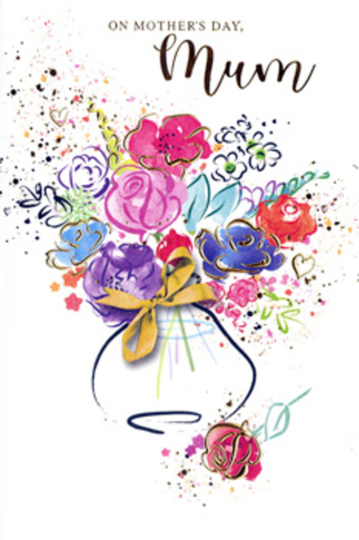 An expressive floral composition dominates this Mother's Day card, as if an artist-fleurist paused near the railway arches of Old Oak Common to capture the feeling of gratitude in watercolour. The bouquet is both loose and intentional: strong indigo strokes outline open petals and curved stems, creating a framework for velvety cerise, bright fuchsia, and rose-pink blooms. These central flowers glow against cooler companions in soft blue and lavender, their colours layered in translucent washes that bleed gently into each other, forming a dreamy, cohesive cluster. Touches of apricot, peach, and pale coral drift in between, echoing the warmth of a late spring sunset. Subtle whispers of green mark the presence of leaves and stems, never heavy-handed, so the composition remains light. Across selected petals and leaves, delicate gold detailing adds a refined shimmer, tracing edges and veins and circling tiny hand-drawn hearts that hover between the flowers like shared memories. The arrangement rises from an understated vase painted in tones of blue, lilac, and muted mauve, its outline soft and slightly blurred, suggesting handcrafted pottery rather than strict realism. A slender golden bow encircles the vase, reminiscent of the ribbons tied around hand-tied bouquets prepared for local deliveries by Flowers Old Oak Common. Surrounding the main cluster, small splatters of paint and floating heart motifs create an aura of movement and joy, like petals caught in a gentle breeze. The overall mood is one of tenderness and celebration, a visual echo of the thank-you many children wish to express on Mother's Day-sincere, colourful, and rooted in everyday love woven through life in Old Oak Common.