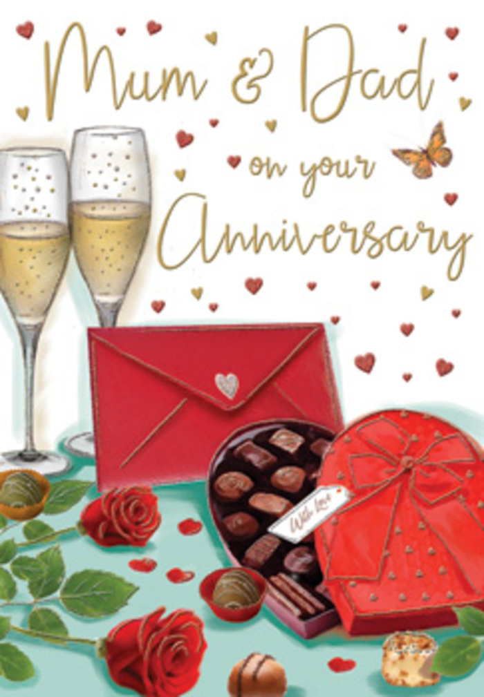 Atmospheric anniversary card artwork that feels like a lovingly set table in an Old Oak Common home, prepared for a quiet yet deeply meaningful celebration. The composition is arranged in layers, with the foreground devoted to romance and indulgence. Two red roses, their petals sumptuous and velvety, rest on a smooth surface, accompanied by sprigs of glossy green foliage that curl gently around their stems, reminiscent of a hand-tied bouquet ready for local delivery. Just behind them sits a heart-shaped box of chocolates in a bold, crimson shade, wrapped with a wide satin ribbon tied into a luxurious bow. The box lid is open, showing neatly arranged chocolates, each one distinct in shape and finish, some domed and glossy, others slightly dusted, all nestled together like little treasures. Rising above this decadent centrepiece are two tall champagne flutes filled with sparkling golden wine, the clear glass glinting with soft reflections. The delicate bubbles suspended in each glass capture the feeling of an imminent toast between partners who may have celebrated countless anniversaries together near the green spaces and railway arches of Old Oak Common. Around the central arrangement, tiny golden and red hearts drift freely, accenting gently hand-lettered text that conveys anniversary wishes, perhaps directed to cherished parents. A rich scarlet envelope lies close by, its surface smooth and its flap neatly sealed, suggesting a thoughtful handwritten message waiting to be opened. The lighting is warm and diffused, creating gentle shadows beneath the glass stems and petals, imbuing the entire card with a sense of comfort, gratitude and enduring affection, like an evening spent reminiscing over shared memories and milestones.