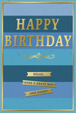 This birthday card radiates a gentle, composed joy through its cool blue background and restrained gold embellishments, perfectly suited to a relaxed celebration in Old Oak Common. The surface is divided into generous, horizontal stripes that move from light to dark, starting with a pale sky blue at the top and transitioning through gradually deeper shades-soft aqua, mid-blue, and teal-before settling into a deep navy band along the bottom. The effect is like watching the sky slowly deepen in colour above the railway lines at dusk. Set squarely across the center of this layered backdrop, the words HAPPY BIRTHDAY appear in large, capital letters, embossed in smooth metallic gold. The lettering stands out clearly yet gracefully, reflecting subtle highlights when seen from different angles. Directly below the main greeting, an ornate golden flourish curls outward on both sides, serving as a decorative divider. Beneath this flourish, three narrow gold ribbons form a tidy vertical stack, each one embossed with part of an inviting message: Relax, have a great day, and enjoy! These banners, along with the central text, are slightly raised, adding a tangible dimension to the otherwise flat expanse of blue. A slim gold border encircles the whole design, echoing the shape of a framed picture and neatly containing the composition. The overall impression is of a birthday wish that values calm over commotion-something you might choose to accompany a fresh bouquet delivered locally, then prop up on a hallway table or windowsill near Old Oak Common Lane, where its tranquil colours and soft gleam quietly mark the occasion.