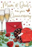 Warm, romantic anniversary card illustration evoking the mood of a private celebration in Old Oak Common, captured in a palette of deep reds, golds and soft neutrals. In the heart of the scene, a crimson heart-shaped chocolate box becomes the focal point, its smooth surface topped by an indulgent satin bow whose loops and tails drape gracefully over the edge. The lid is tipped back to reveal a selection of chocolates set in orderly rows, some pieces delicately highlighted as if catching the glow of nearby candlelight. In the foreground, two vivid red roses rest on the table, their velvety petals slightly curled at the edges, paired with fresh green foliage that hints at the skill of a florist preparing blooms for a long-married couple living near Old Oak Common or Harlesden. Behind the roses and chocolates, two slender champagne flutes rise in unison, their transparent glass shimmering. Each flute is filled with gently sparkling golden wine, fine bubbles rising and reflecting little sparks of light, echoing the feeling of a heartfelt anniversary toast. Small gold and crimson hearts float across the soft background, framing hand-lettered anniversary wording that might honour Mum & Dad or another cherished pair. To one side, a bright red envelope sits neatly, sealed and waiting to be opened, suggesting a handwritten message filled with love, thanks and shared memories. Subtle shadows and highlights lend depth to the glass, ribbon and petals, creating a soothing, intimate atmosphere that reflects the quiet joy of marking another year together in this corner of West London.